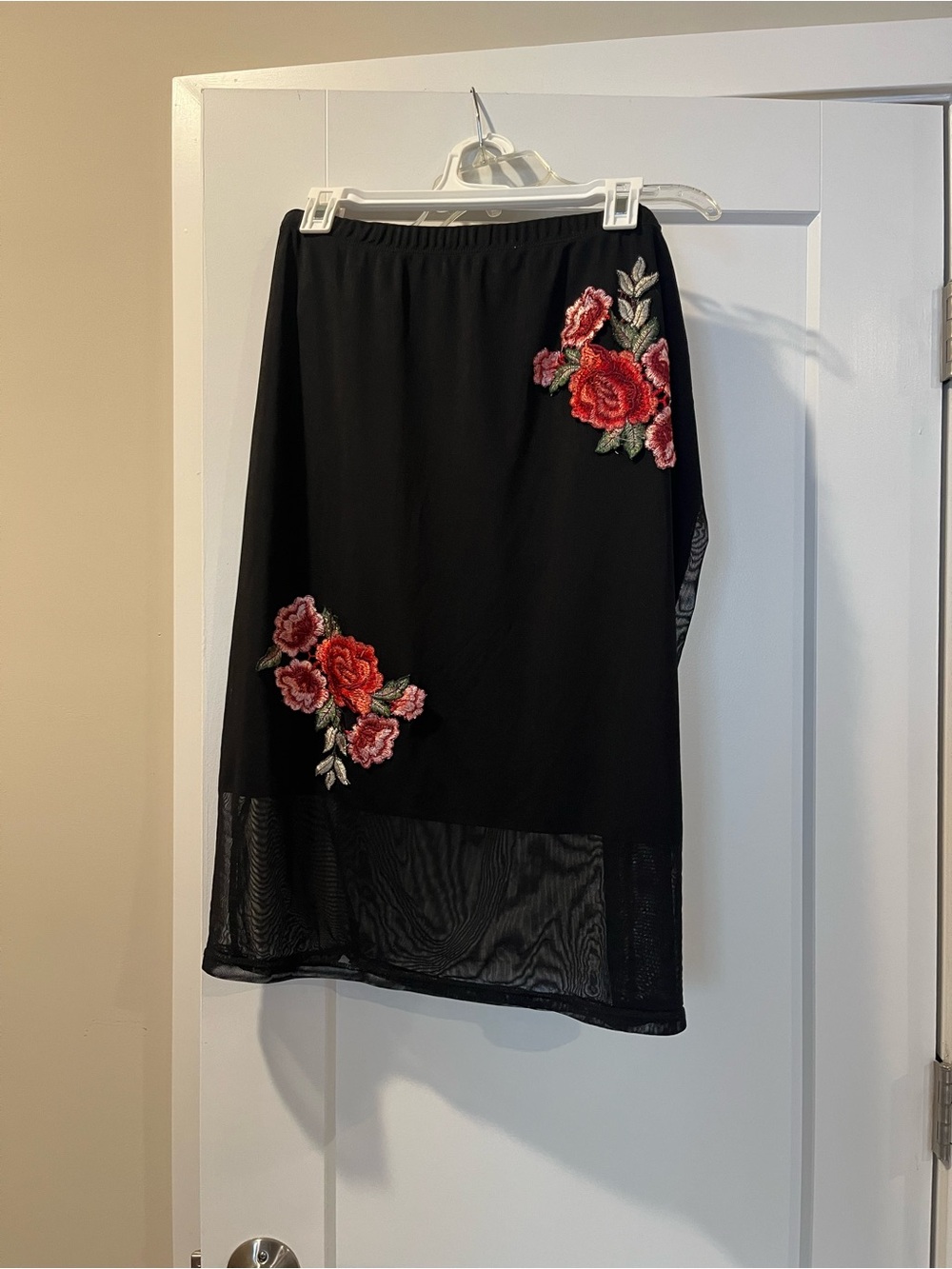 Black Floral Embroidered Midi Skirt with Mesh Overlay